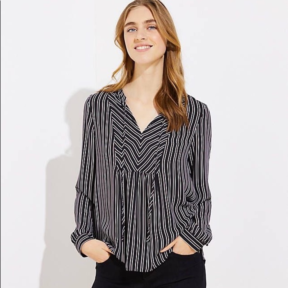 Black, White, and Red Striped Tie Neck Blouse